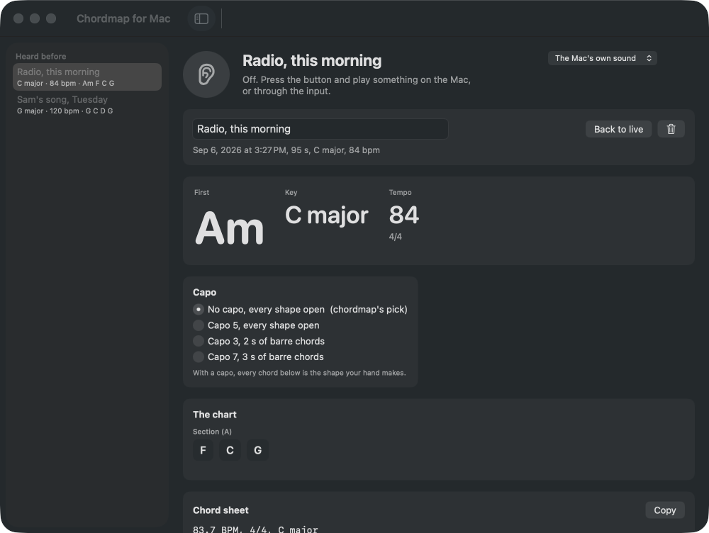 A kept listen in Chordmap for Mac with its chart and chord sheet