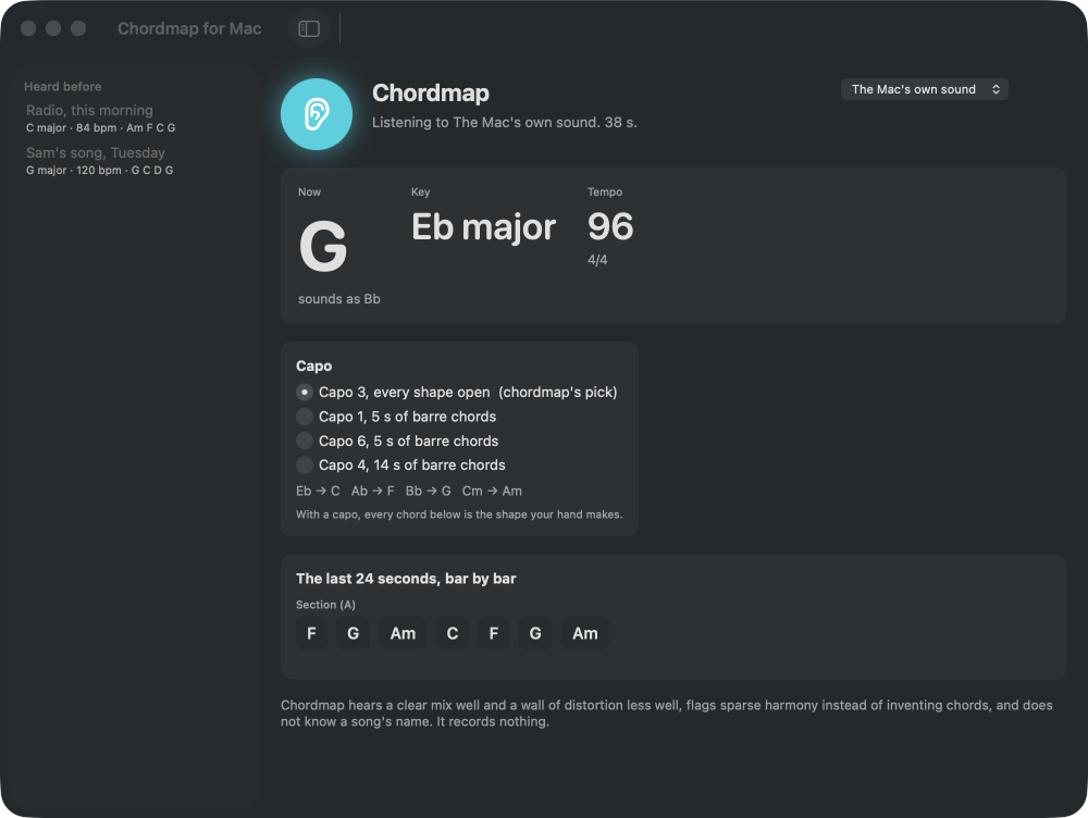 Chordmap for Mac listening to a song: G now, Eb major, 96 bpm, capo 3 with shapes, the bars by section