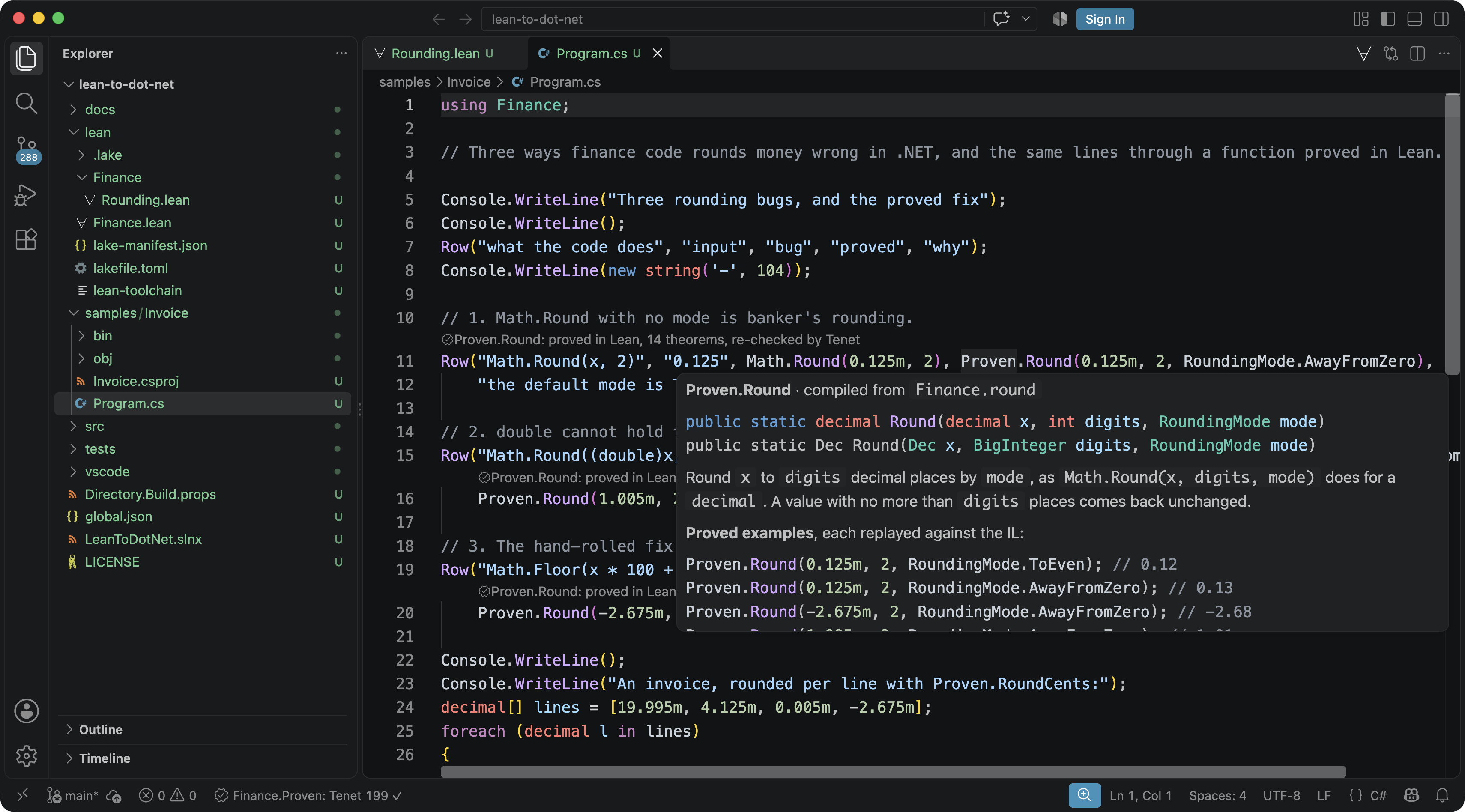 A C# call to Proven.Round, with the proofs behind it